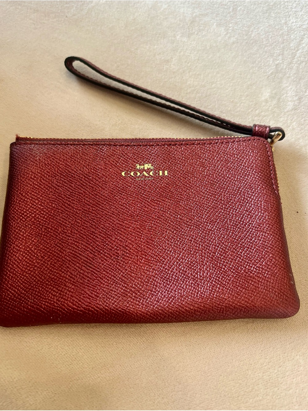 Coach Maroon Leather Wristlet with Gold Logo